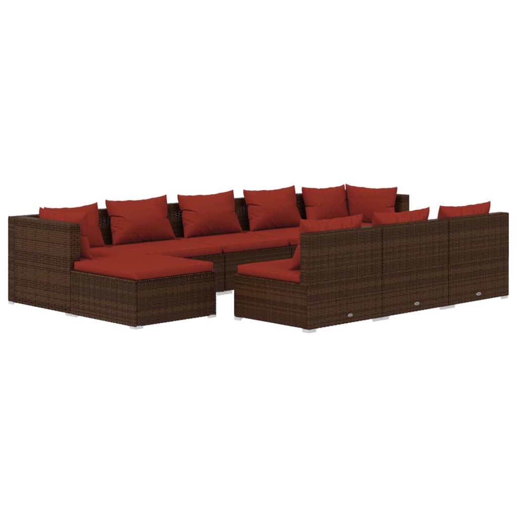 vidaXL 10 Piece Patio Lounge Set with Cushions Brown Poly Rattan