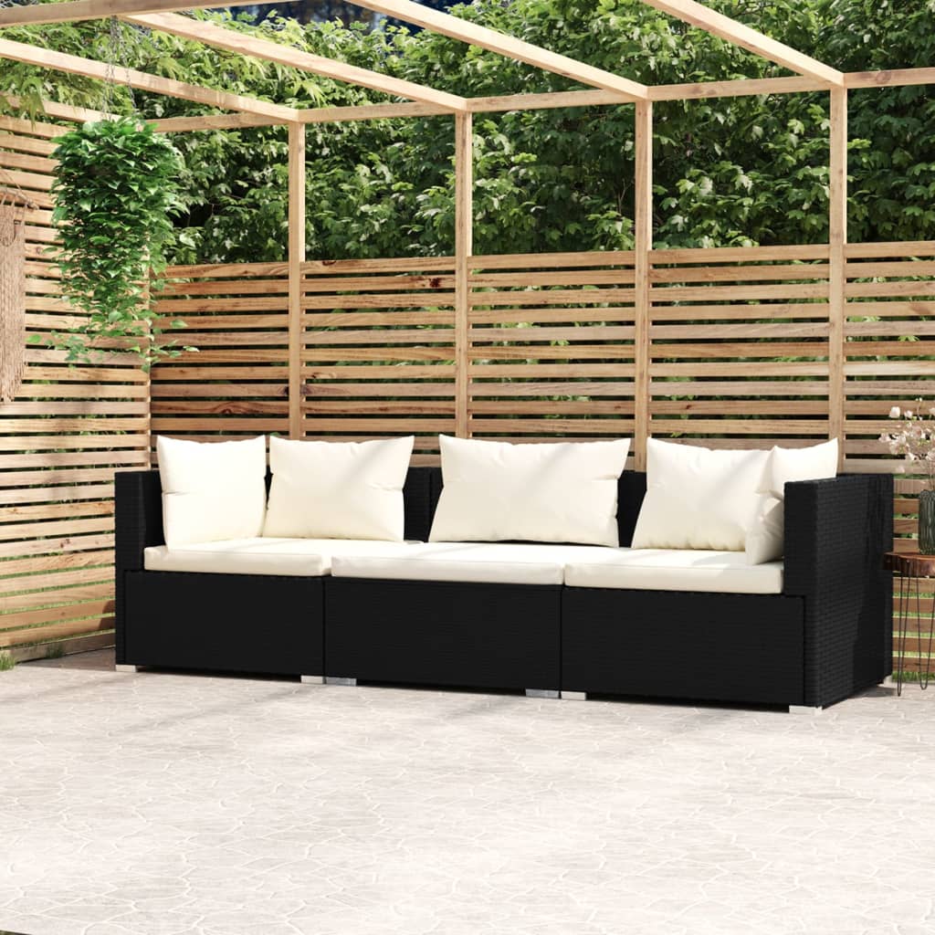 vidaXL Wicker Patio Furniture 3 Piece with Cushions Black Poly Rattan