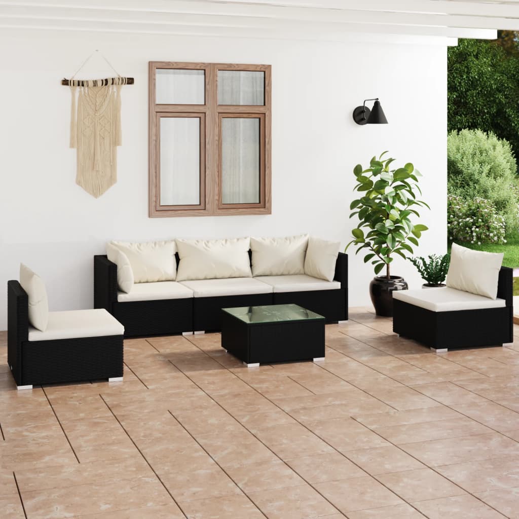 vidaXL 6 Piece Patio Lounge Set with Cushions Poly Rattan Black