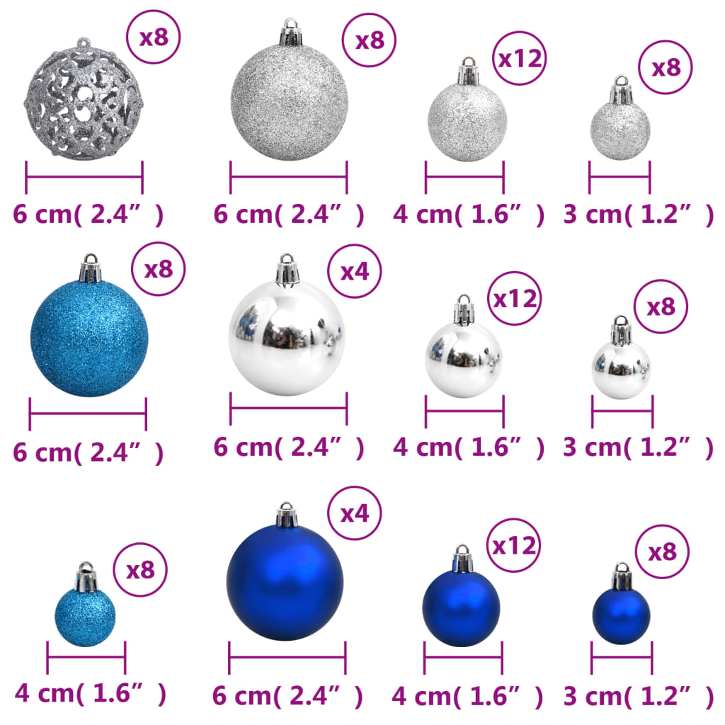 vidaXL Christmas Baubles 100 pcs Blue and Silver 1.2" / 1.6" / 2.4"