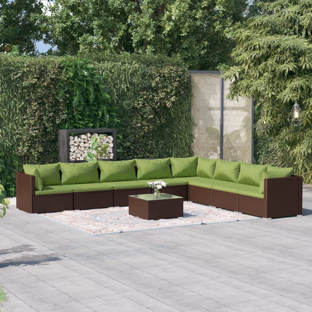 vidaXL 9 Piece Patio Lounge Set with Cushions Poly Rattan Brown