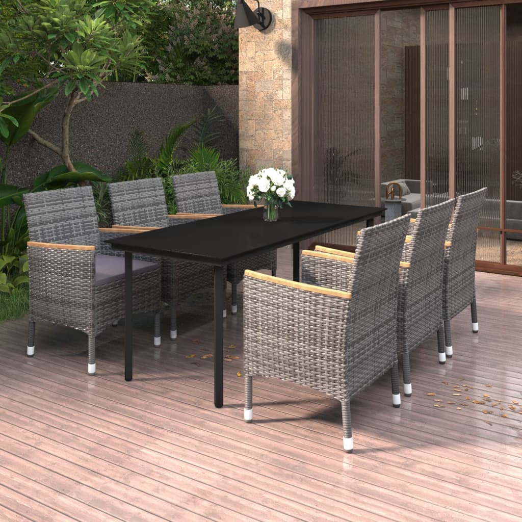 vidaXL 7 Piece Patio Dining Set with Cushions Poly Rattan and Glass