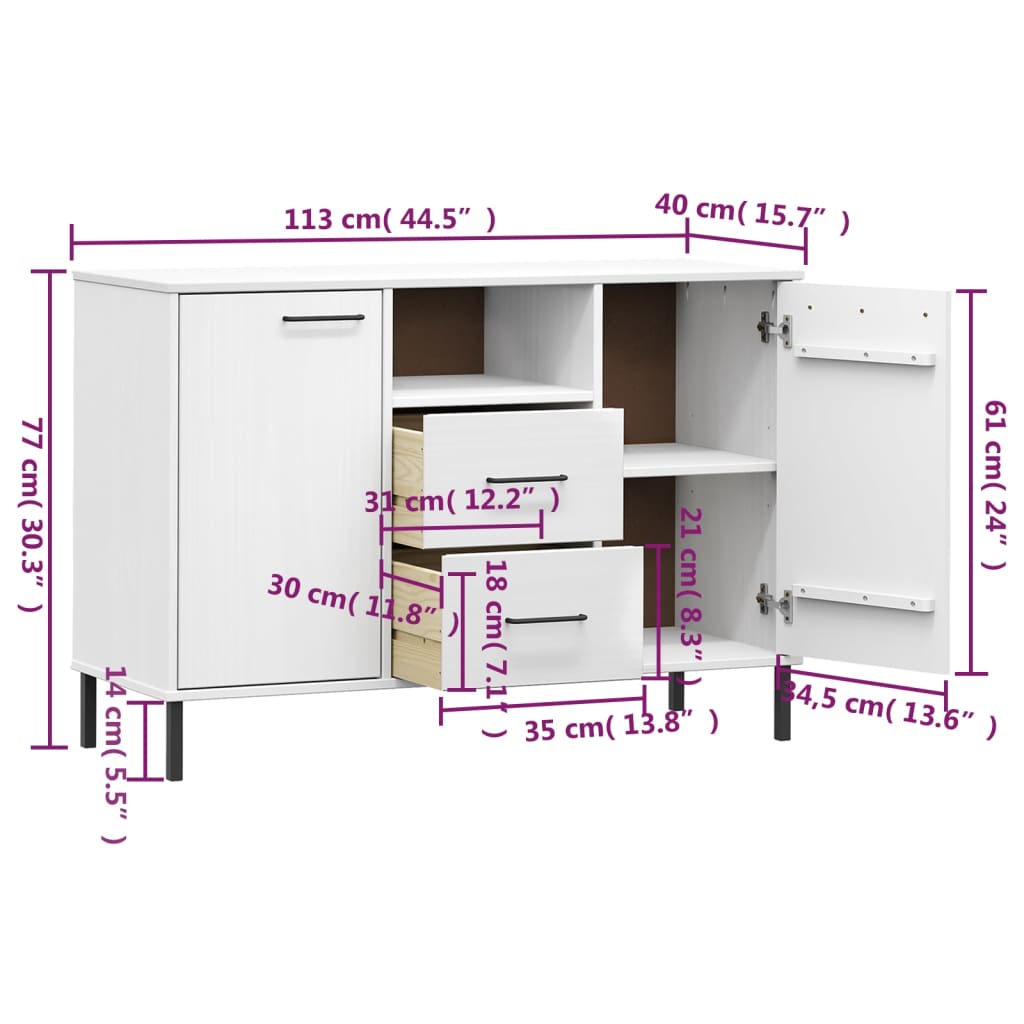 vidaXL Sideboard with Metal Legs White 44.5"x15.7"x30.3" Solid Wood OSLO