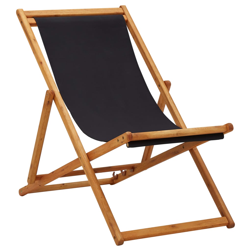 vidaXL Folding Beach Chair Eucalyptus Wood and Fabric Black