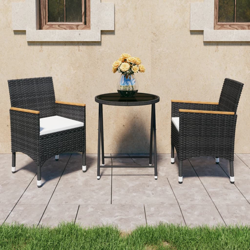 vidaXL 3 Piece Patio Bistro Set Poly Rattan and Tempered Glass Black