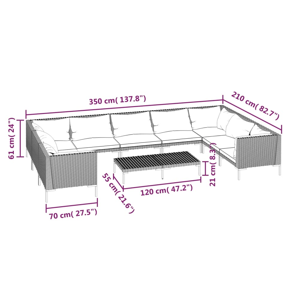 vidaXL 10 Piece Patio Lounge Set with Cushions Poly Rattan Dark Gray