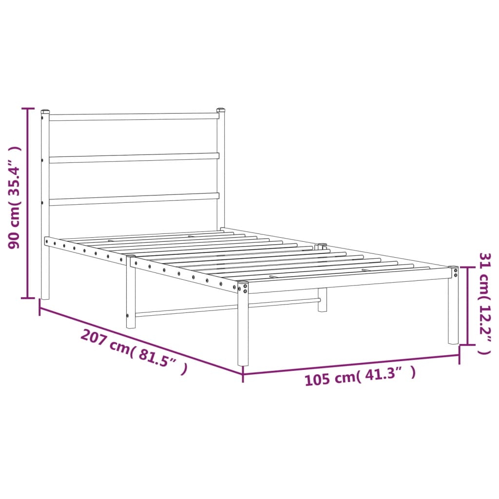 vidaXL Metal Bed Frame with Headboard White 39.4"x78.7"