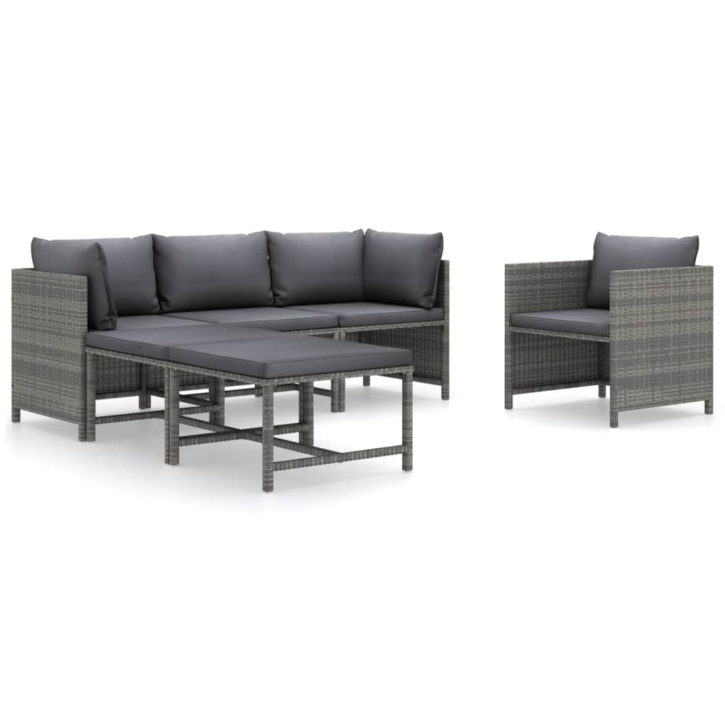 vidaXL 6 Piece Patio Lounge Set with Cushions Poly Rattan Gray