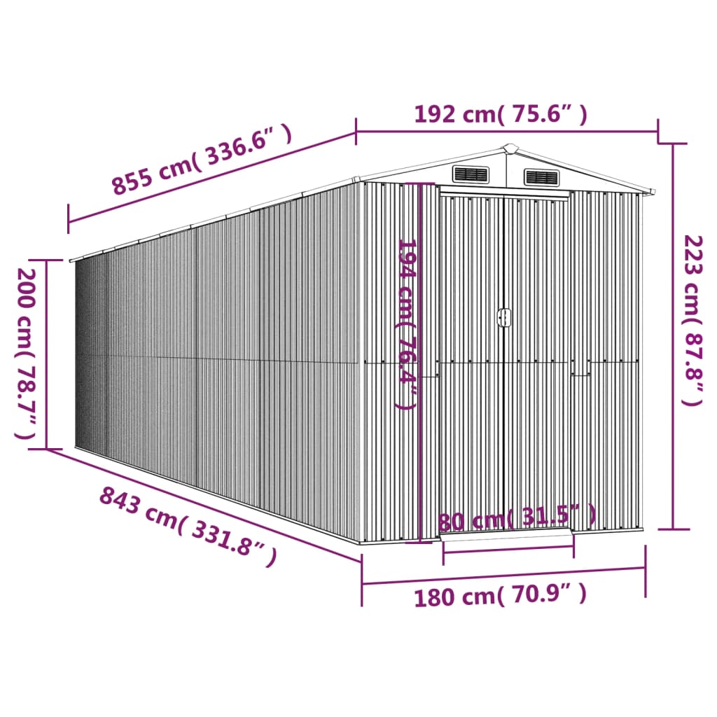 vidaXL Garden Shed Light Gray 75.6"x336.6"x87.8" Galvanized Steel