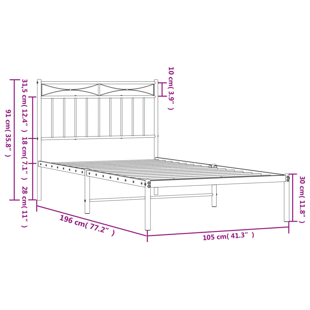 vidaXL Metal Bed Frame without Mattress with Headboard White 39.4"x74.8"