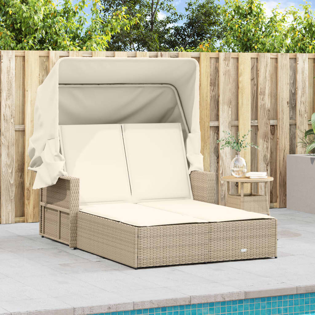 vidaXL Double Sun Lounger with Canopy and Cushions Beige Poly Rattan