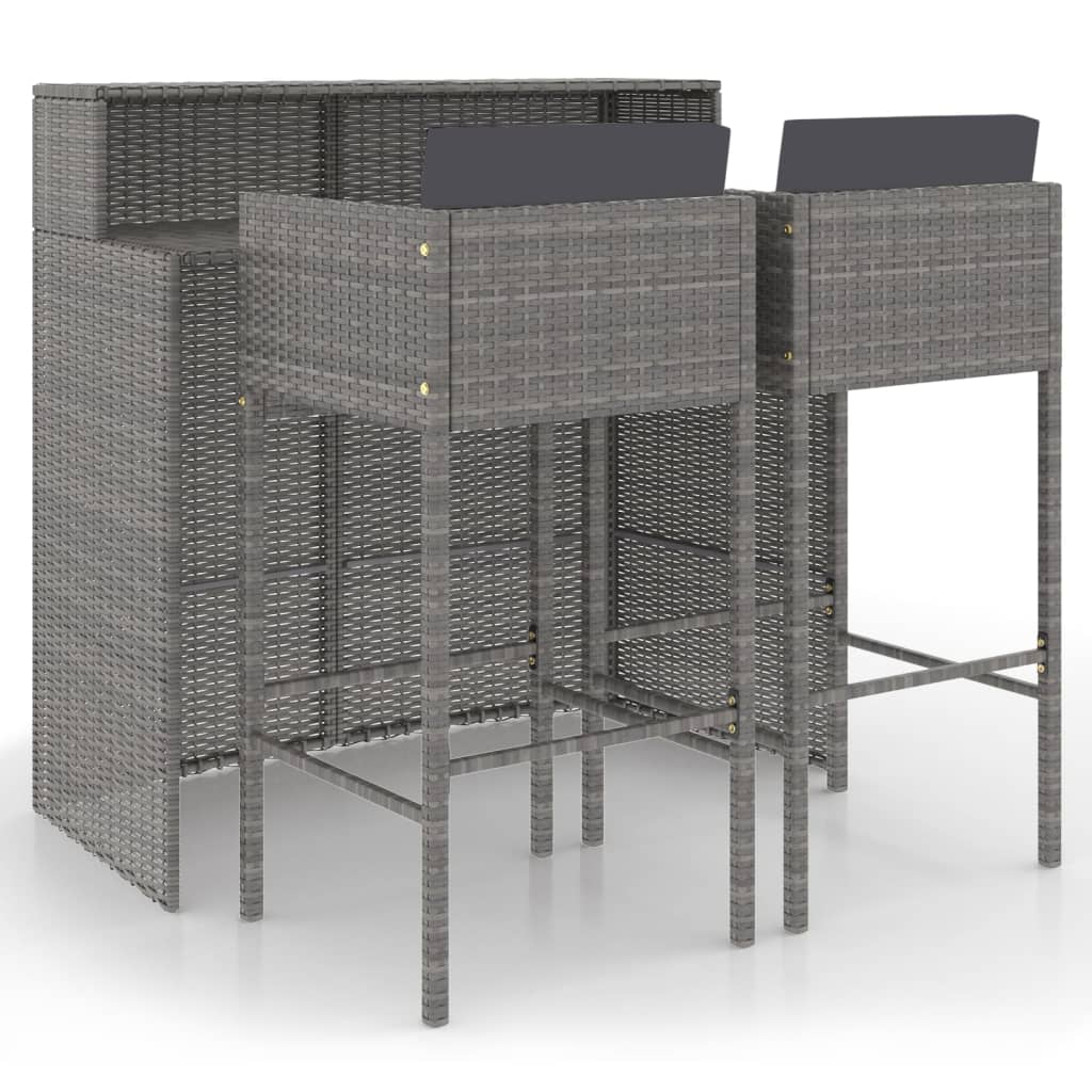 vidaXL 3 Piece Patio Bar Set with Cushions Poly Rattan Gray