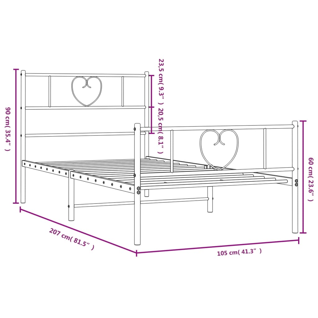 vidaXL Metal Bed Frame without Mattress with Footboard Black 39.4"x78.7"