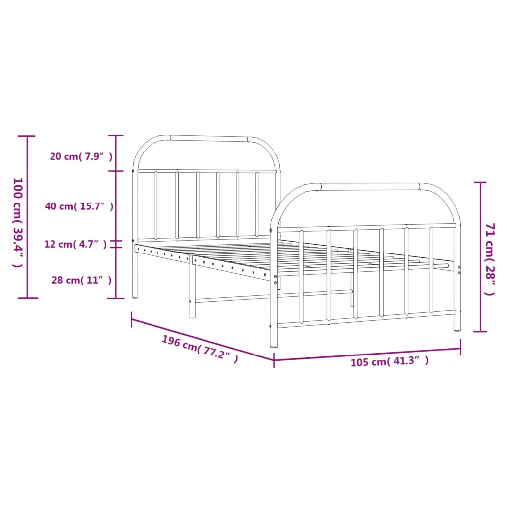 vidaXL Metal Bed Frame without Mattress with Footboard Black 39.4"x74.8"