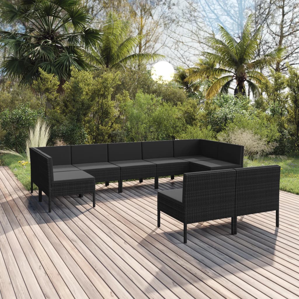 vidaXL 9 Piece Patio Lounge Set with Cushions Poly Rattan Black