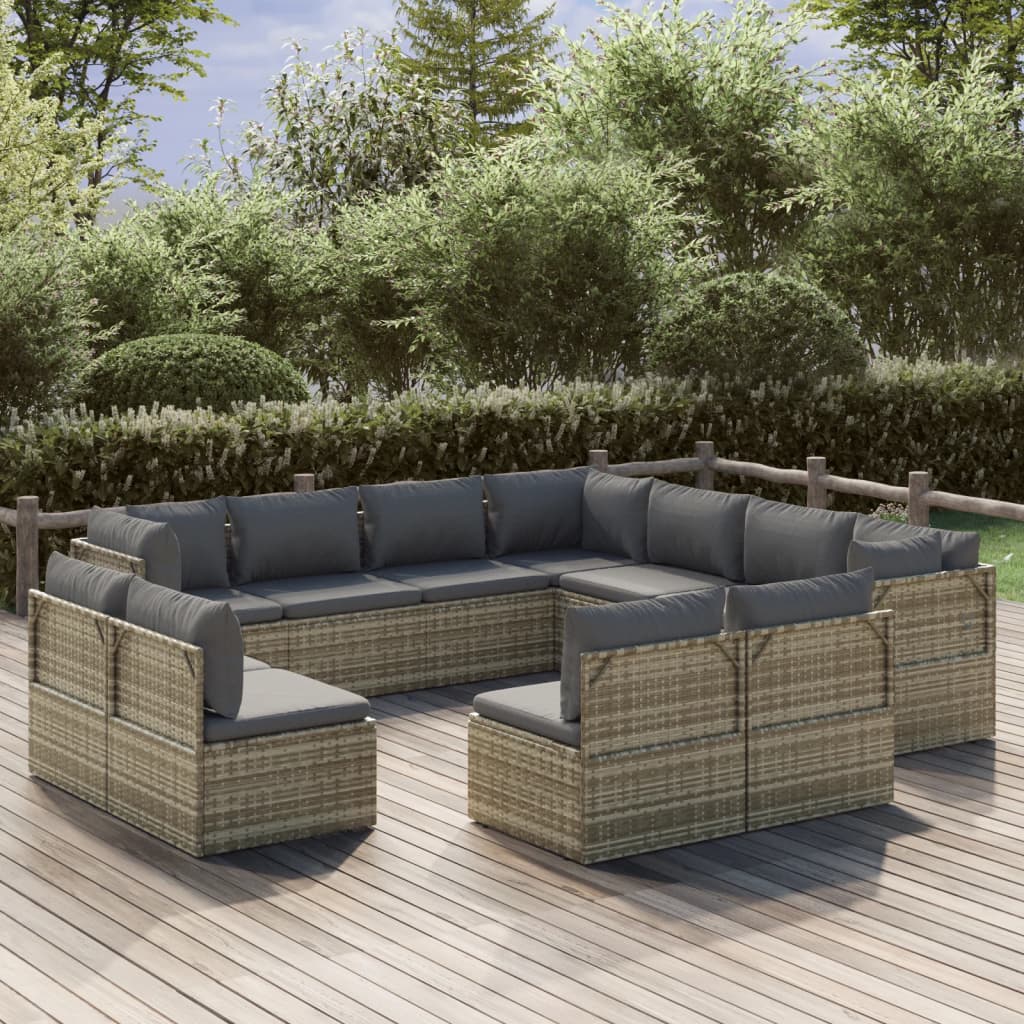 vidaXL 11 Piece Patio Lounge Set with Cushions Gray Poly Rattan