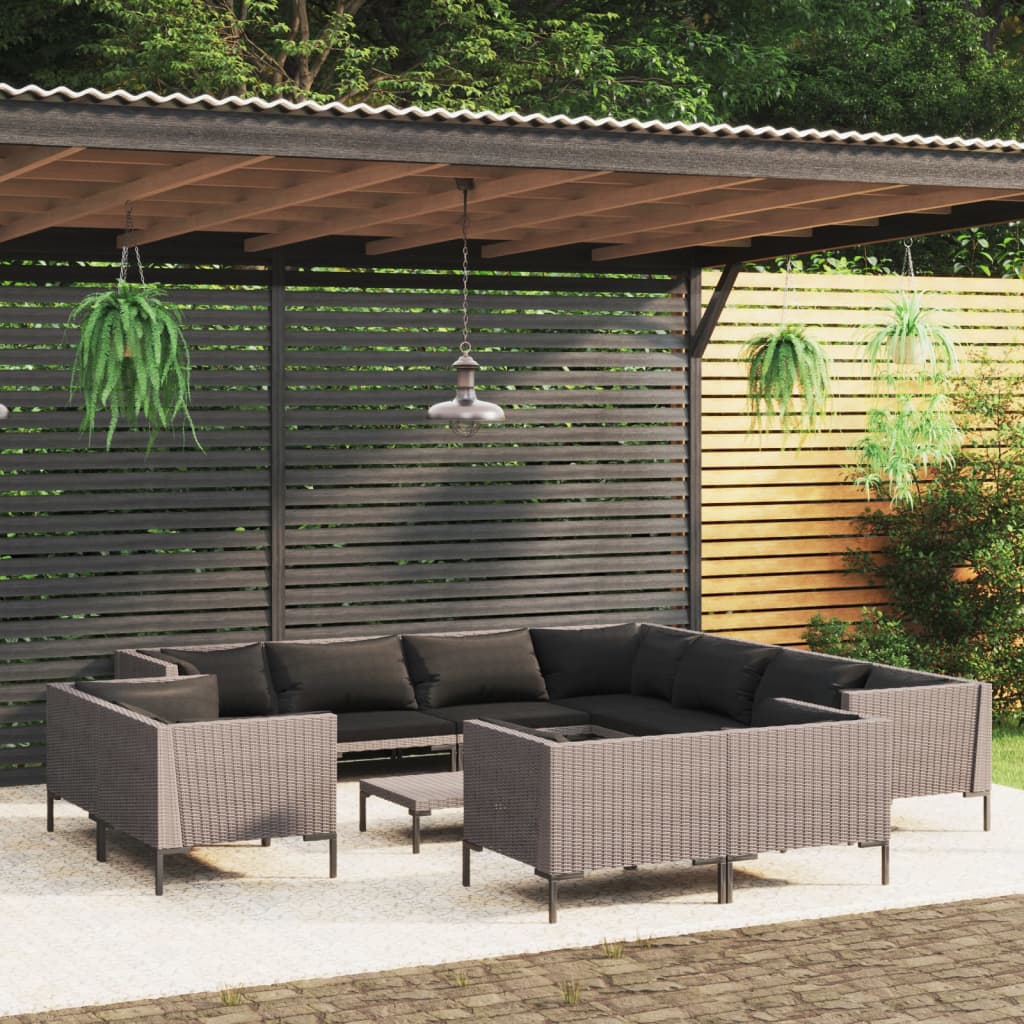 vidaXL 12 Piece Patio Lounge Set with Cushions Poly Rattan Dark Gray