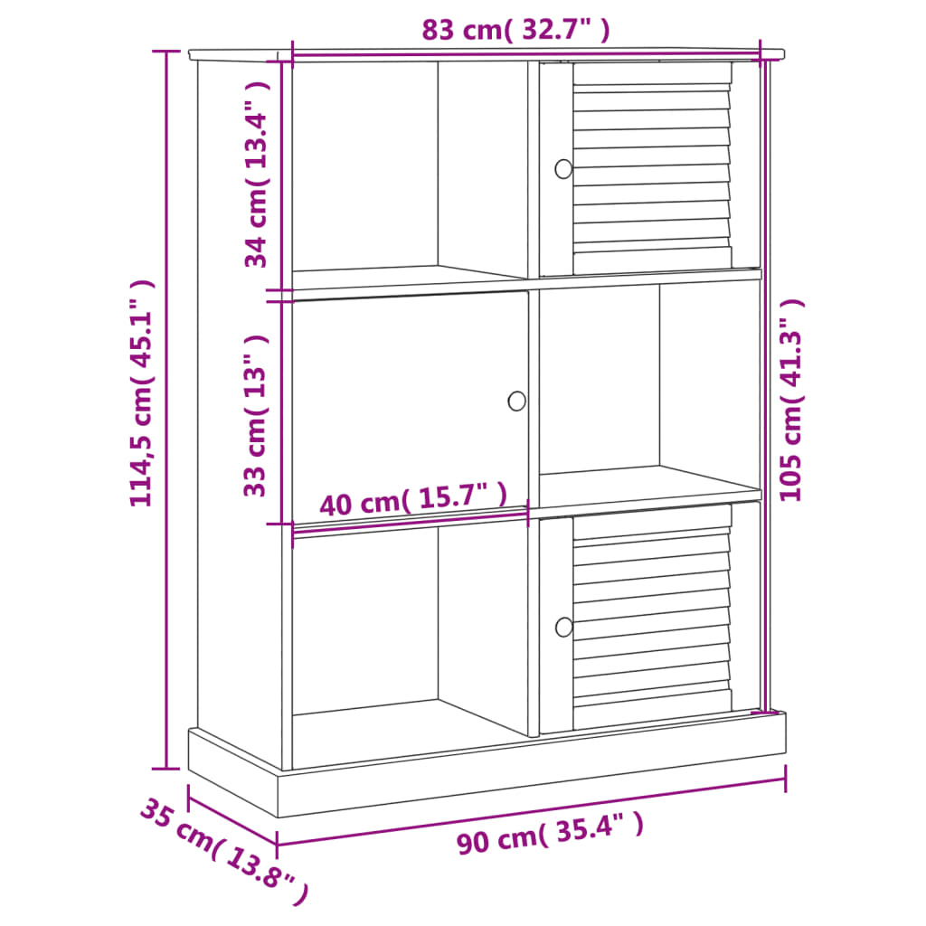 vidaXL Bookcase VIGO Gray 35.4"x13.8"x45.1" Solid Wood Pine