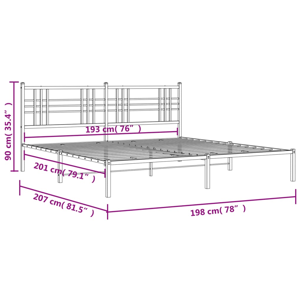 vidaXL Metal Bed Frame without Mattress with Headboard White 76"x79.9"