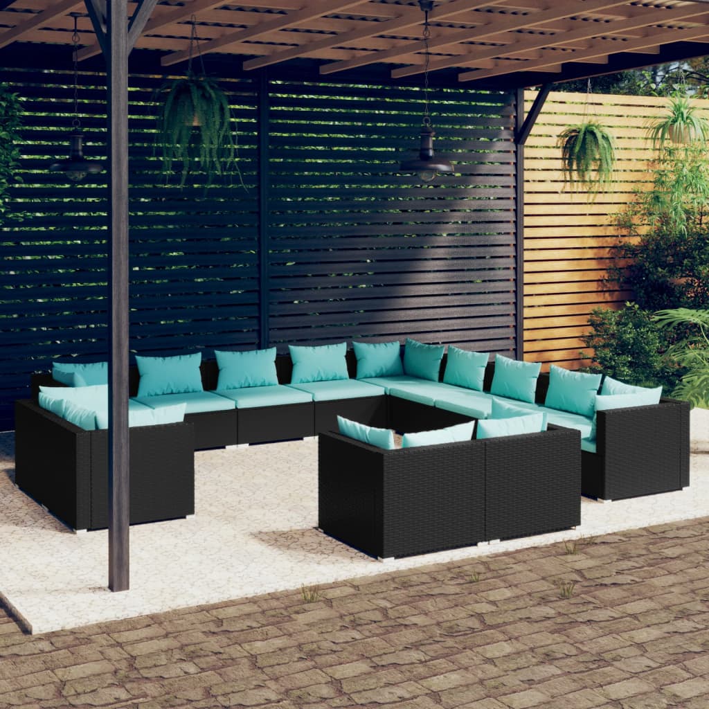 vidaXL 13 Piece Patio Lounge Set with Cushions Black Poly Rattan