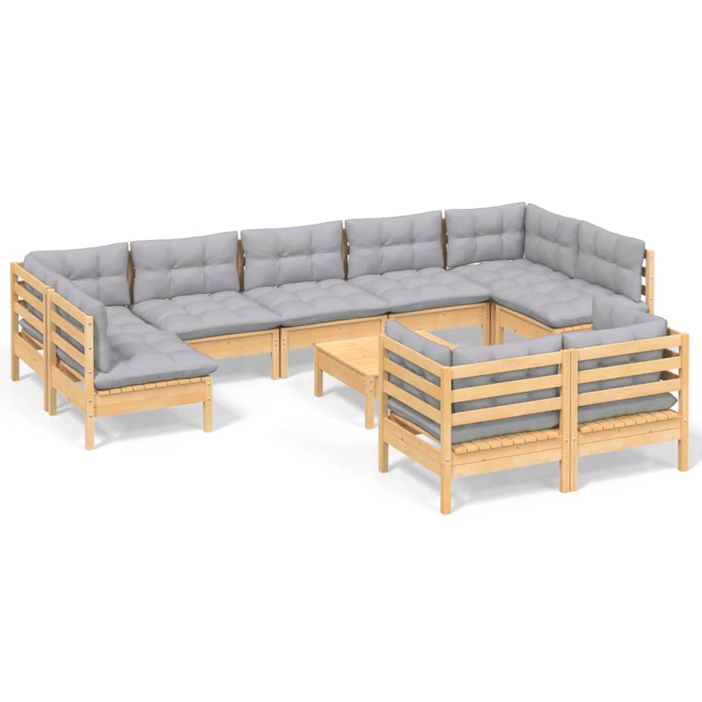 vidaXL 10 Piece Patio Lounge Set with Gray Cushions Solid Pinewood