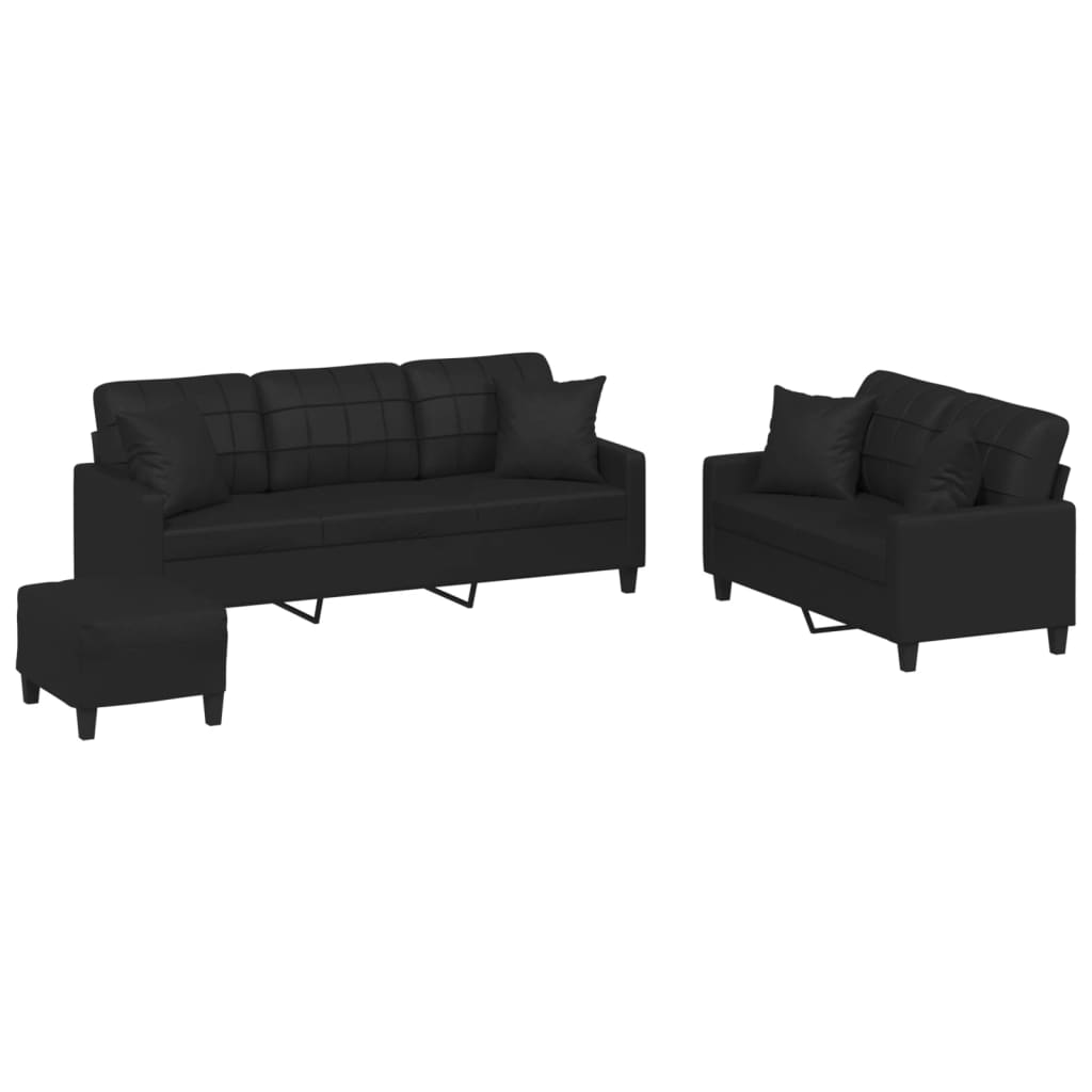 vidaXL 3 Piece Sofa Set with Pillows Black Faux Leather