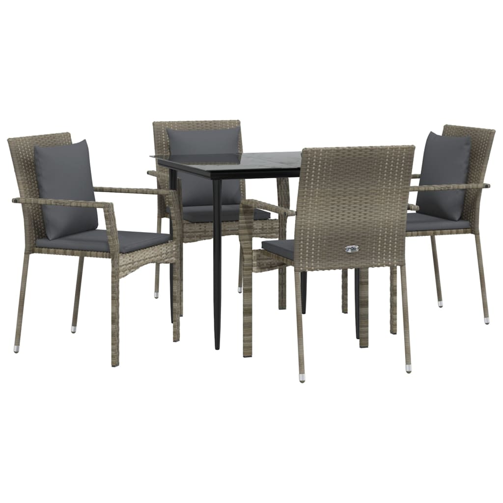 vidaXL 5 Piece Patio Dining Set with Cushions Black and Gray Poly Rattan