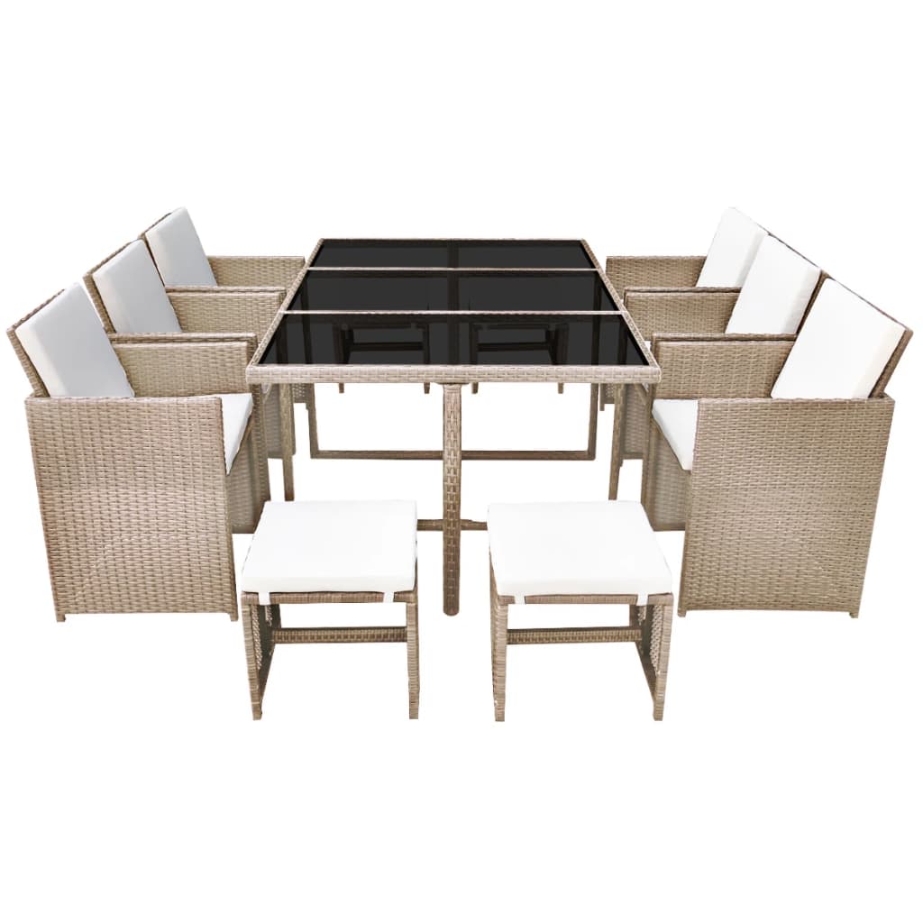 vidaXL 11 Piece Patio Dining Set with Cushions Poly Rattan Beige