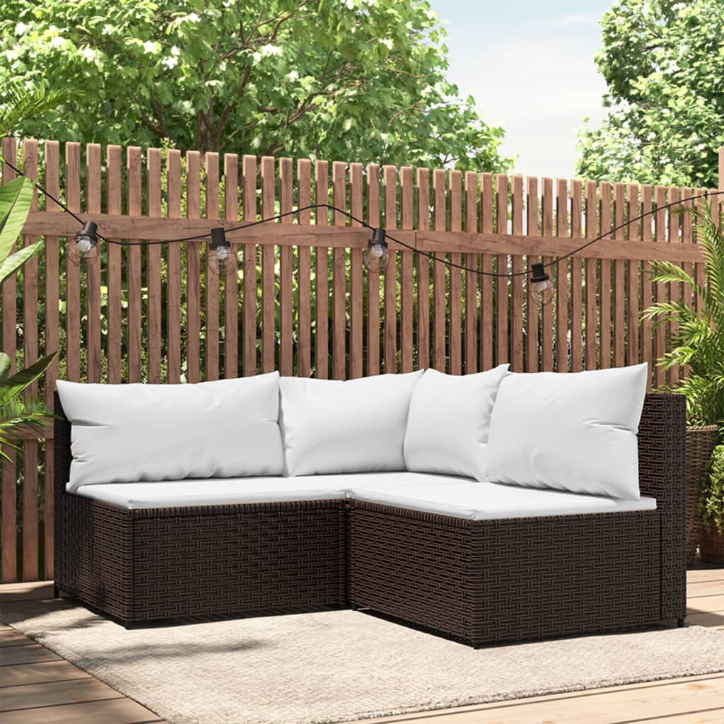 vidaXL 3 Piece Patio Lounge Set with Cushions Brown Poly Rattan