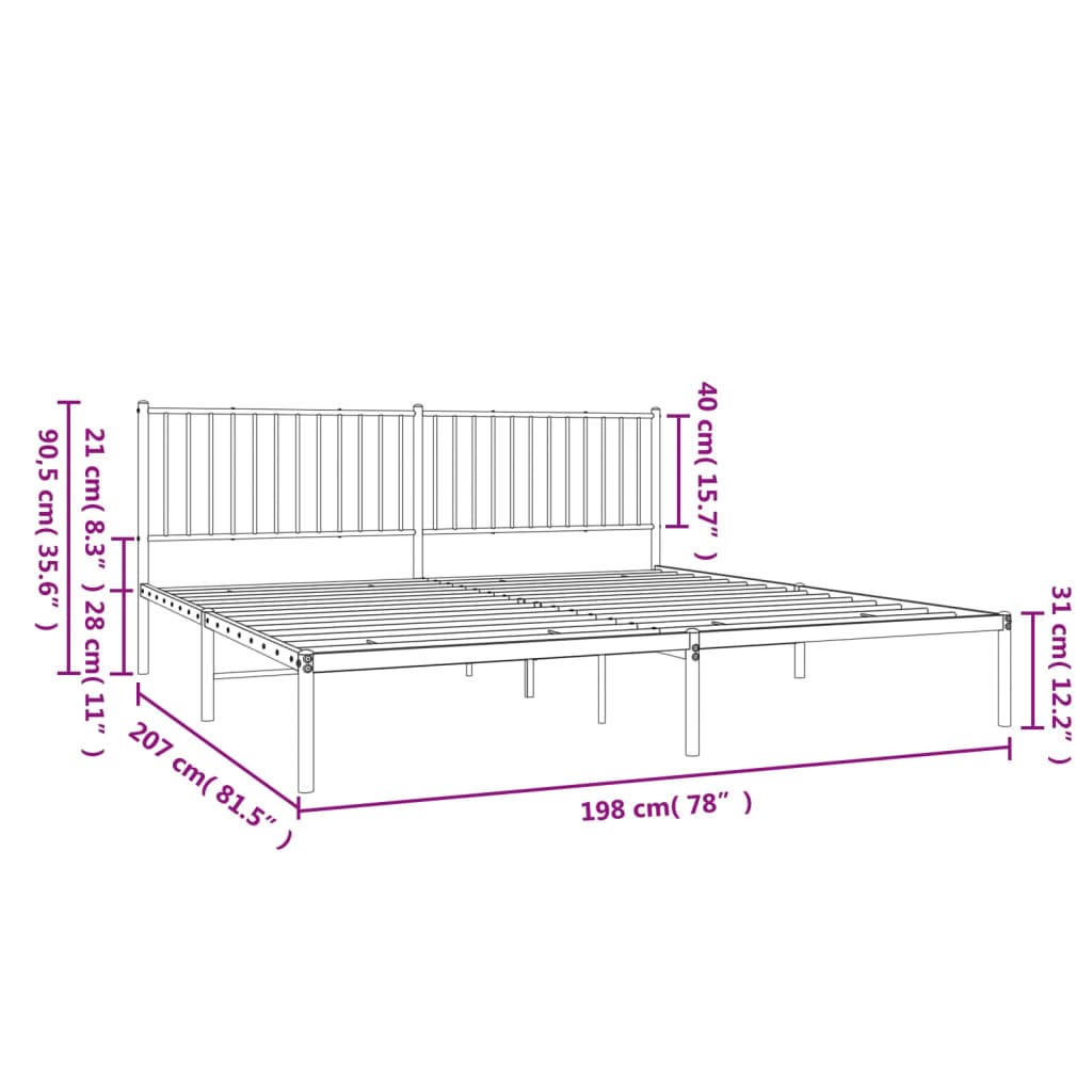 vidaXL Metal Bed Frame without Mattress with Headboard Black 76"x79.9"