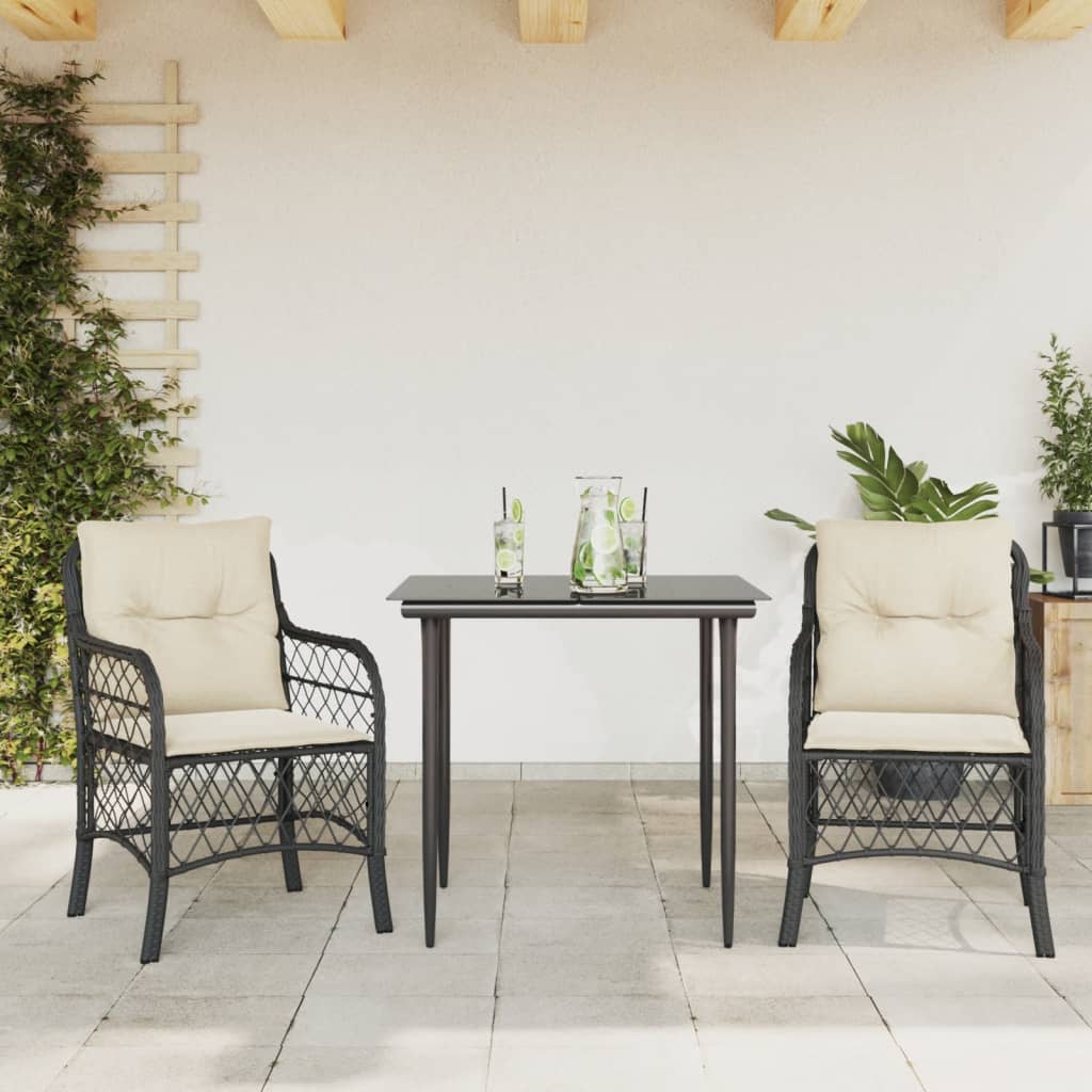 vidaXL 3 Piece Bistro Set with Cushions Black Poly Rattan