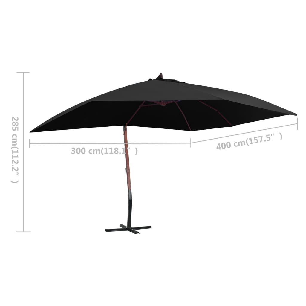 vidaXL Hanging Garden Parasol with Wooden Pole 157.5"x118.1" Black