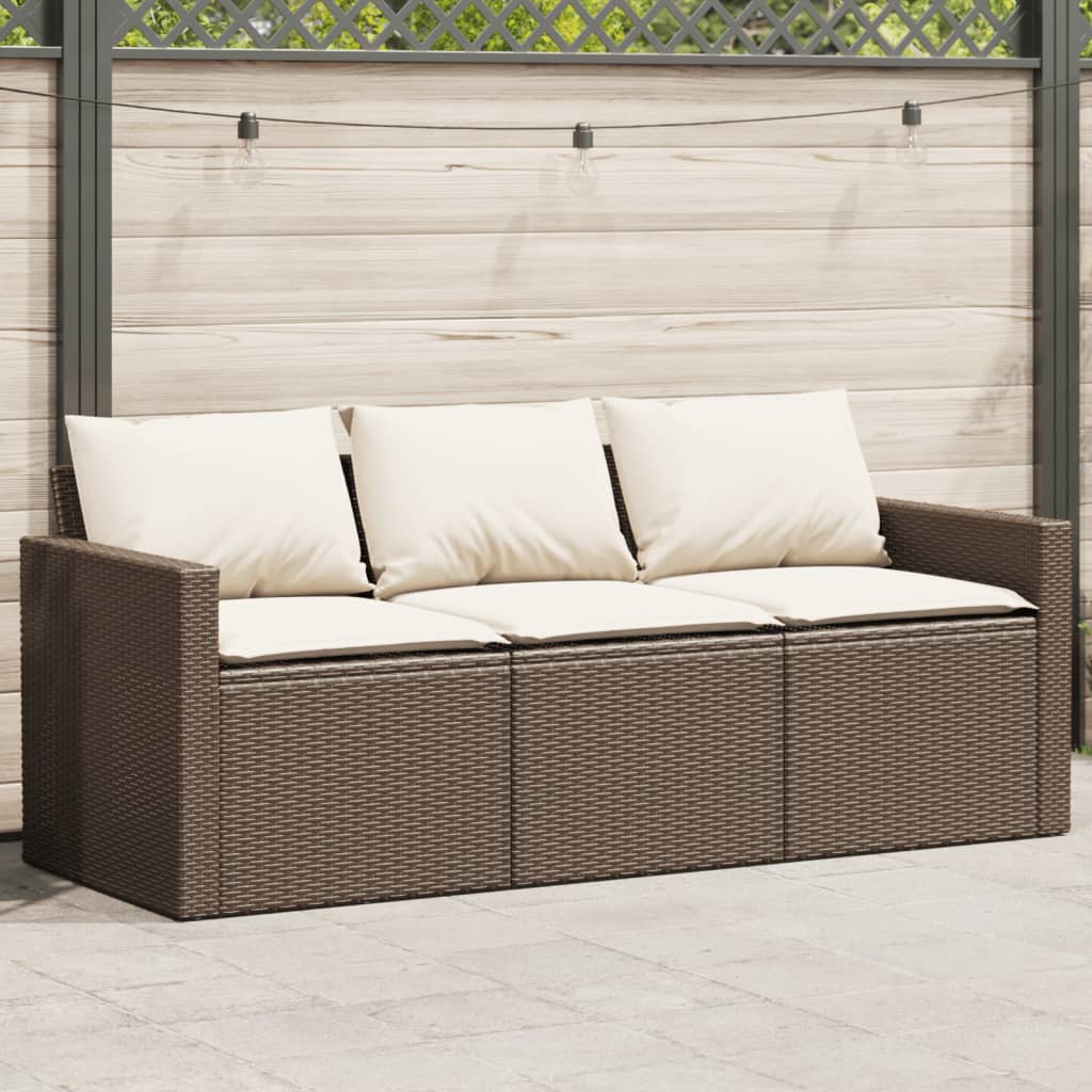 vidaXL Patio Sofa with Cushions 3-Seater Brown Poly Rattan