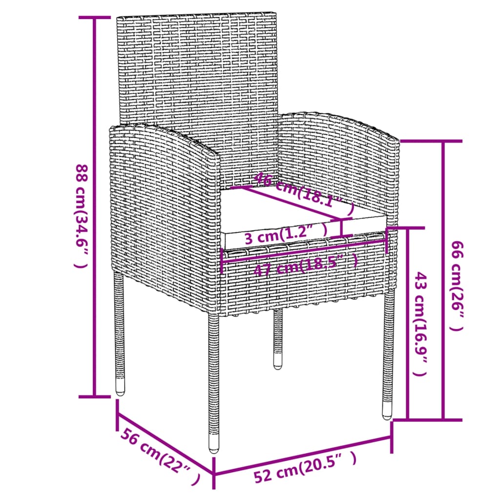 vidaXL 3 Piece Patio Dining Set Poly Rattan Anthracite