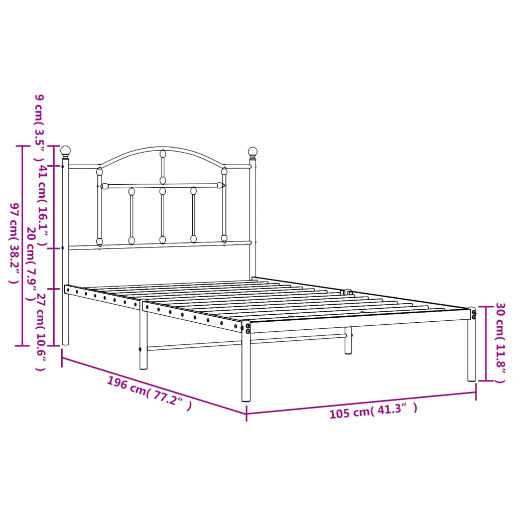 vidaXL Metal Bed Frame without Mattress with Headboard White 39.4"x74.8"