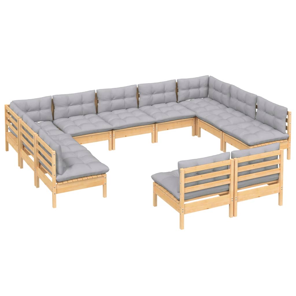 vidaXL 11 Piece Patio Lounge Set with Gray Cushions Solid Pinewood