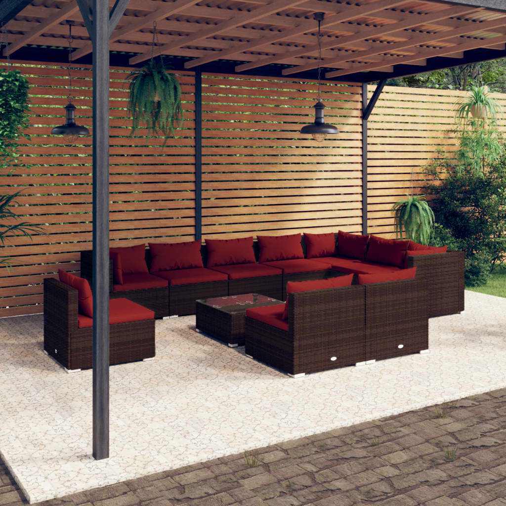 vidaXL 11 Piece Patio Lounge Set with Cushions Poly Rattan Brown