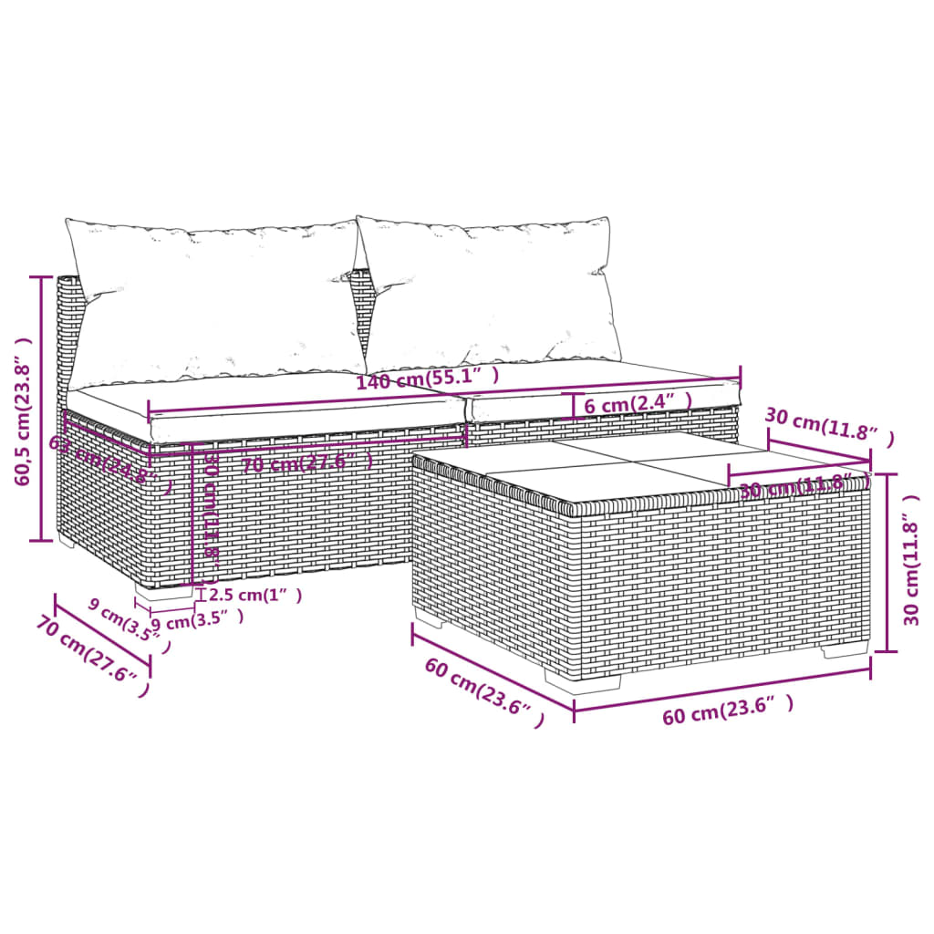 vidaXL Patio Furniture Set 3 Piece with Cushions Poly Rattan Gray