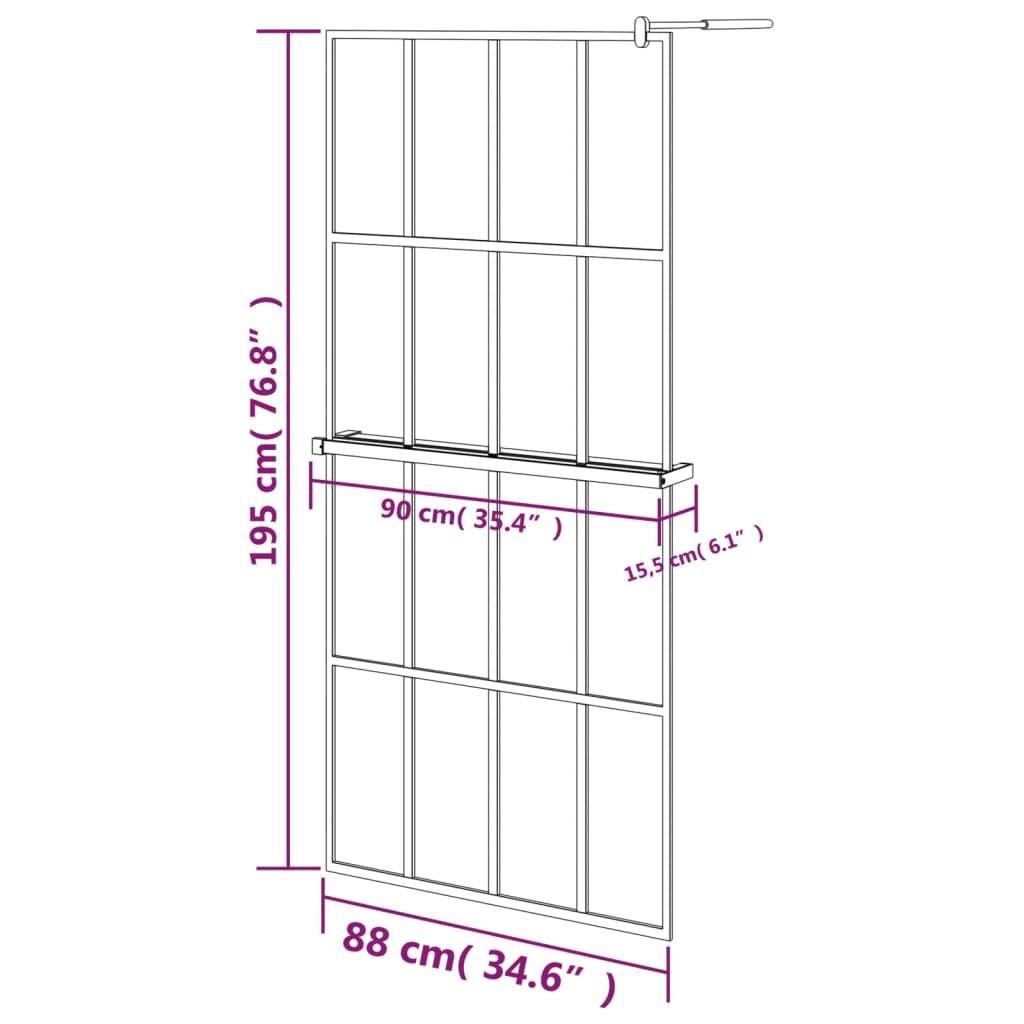 vidaXL Walk-in Shower Wall with Shelf Black 35.4"x76.8" ESG Glass&Aluminum