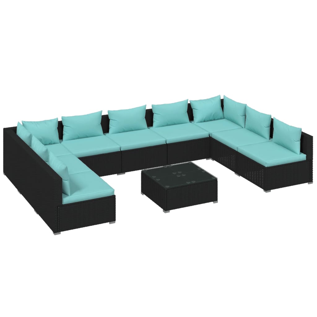 vidaXL 10 Piece Patio Lounge Set with Cushions Poly Rattan Black