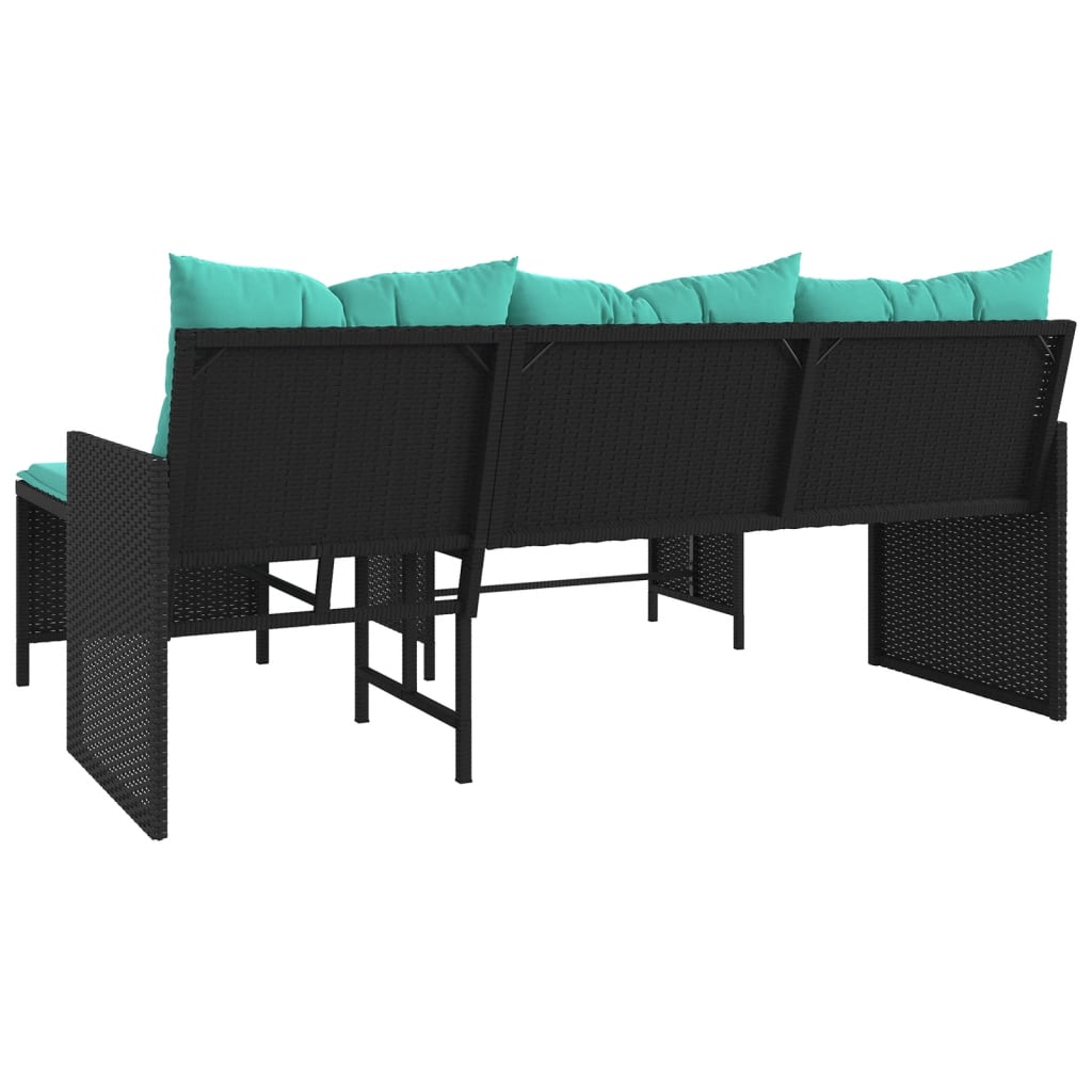 vidaXL Patio Sofa with Table and Cushions L-Shaped Black Poly Rattan