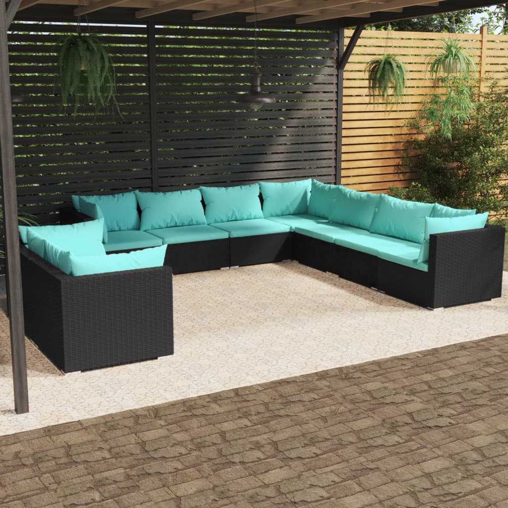 vidaXL 9 Piece Patio Lounge Set with Cushions Black Poly Rattan