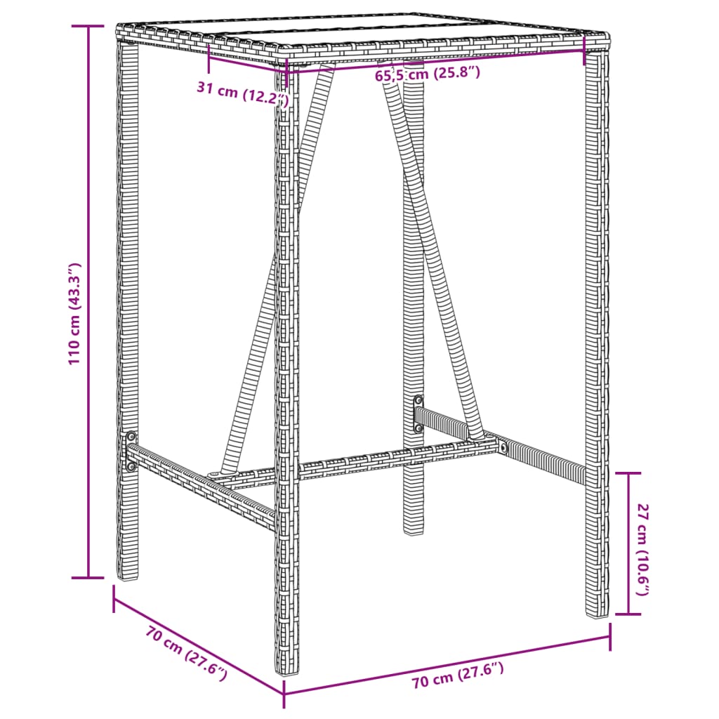 vidaXL Patio Bar Table Gray 27.6"x27.6"x43.3" Poly Rattan