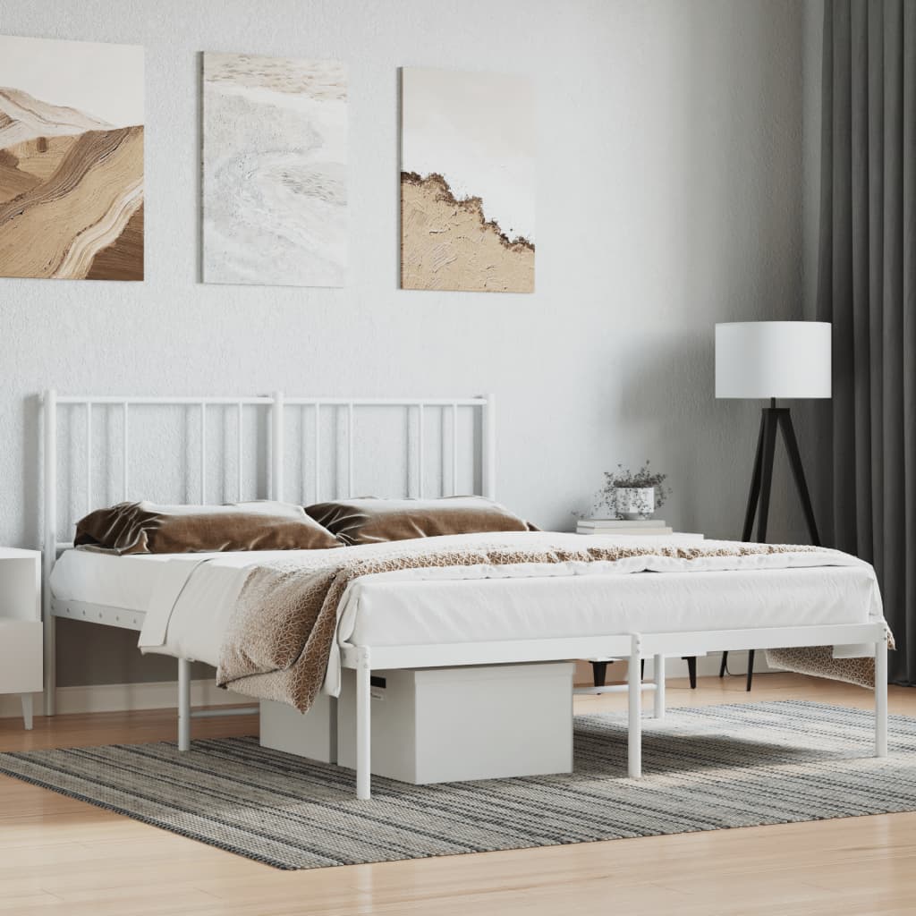 vidaXL Metal Bed Frame without Mattress with Headboard White 53.1"x74.8"