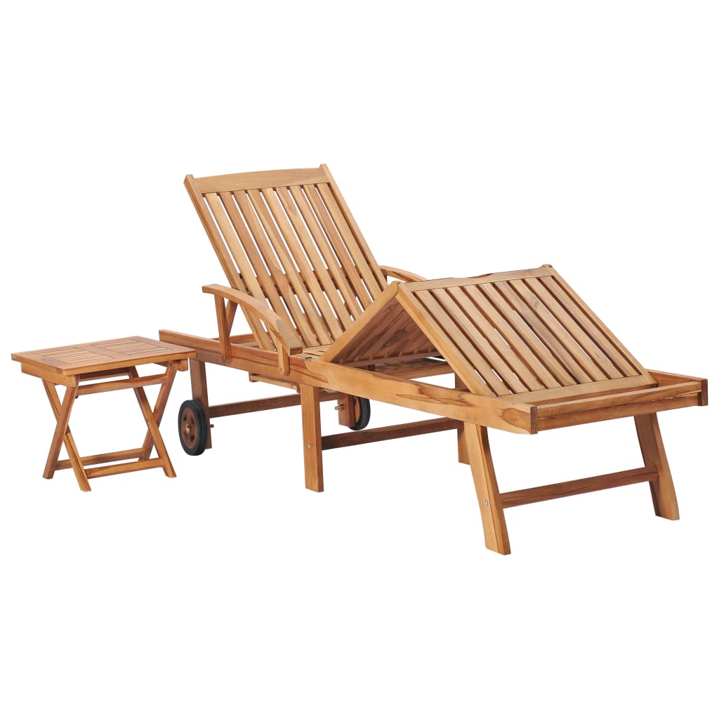 vidaXL Sun Lounger with Table and Cushion Solid Teak Wood