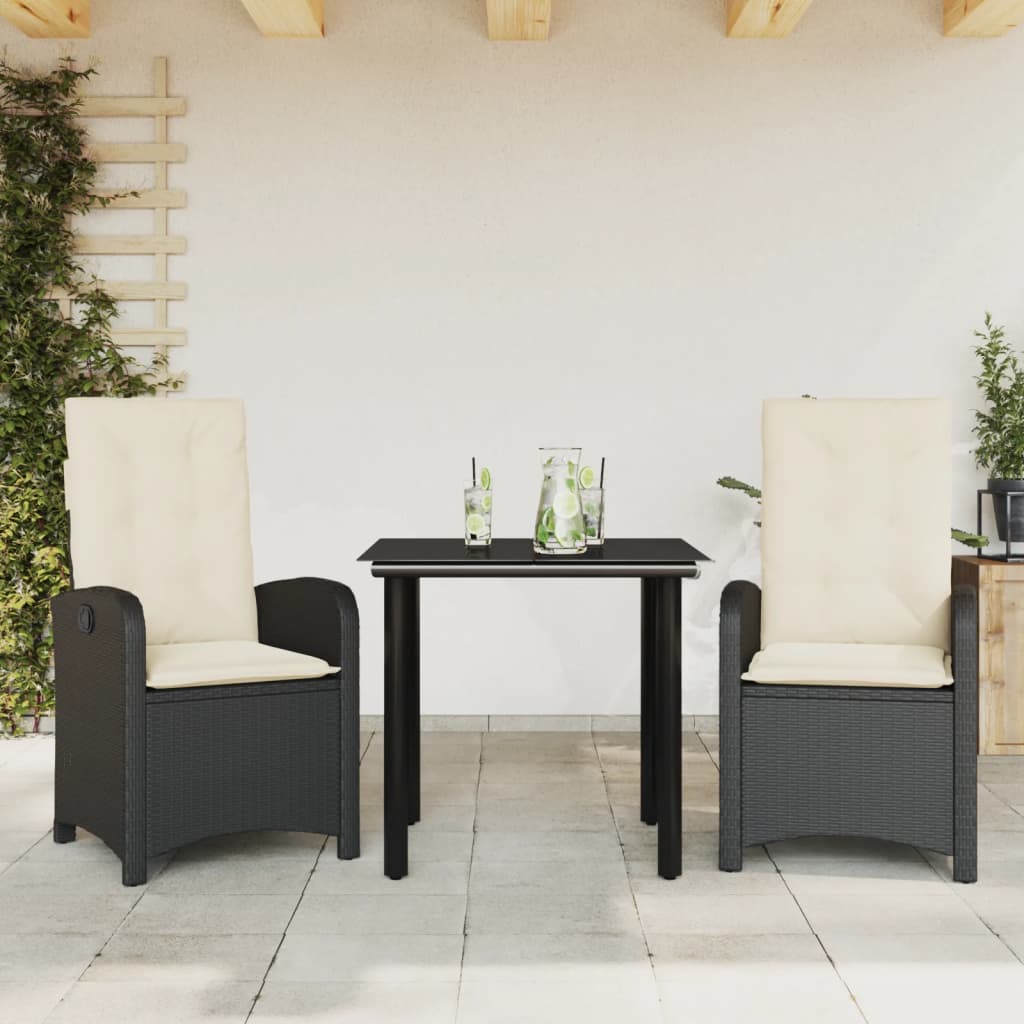 vidaXL 3 Piece Patio Dining Set with Cushions Black Poly Rattan