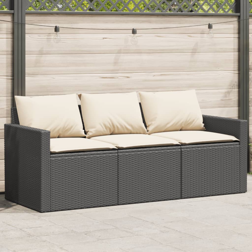 vidaXL Patio Sofa with Cushions 3-Seater Black Poly Rattan