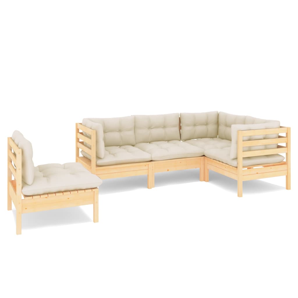 vidaXL 5 Piece Patio Lounge Set with Cream Cushions Pinewood