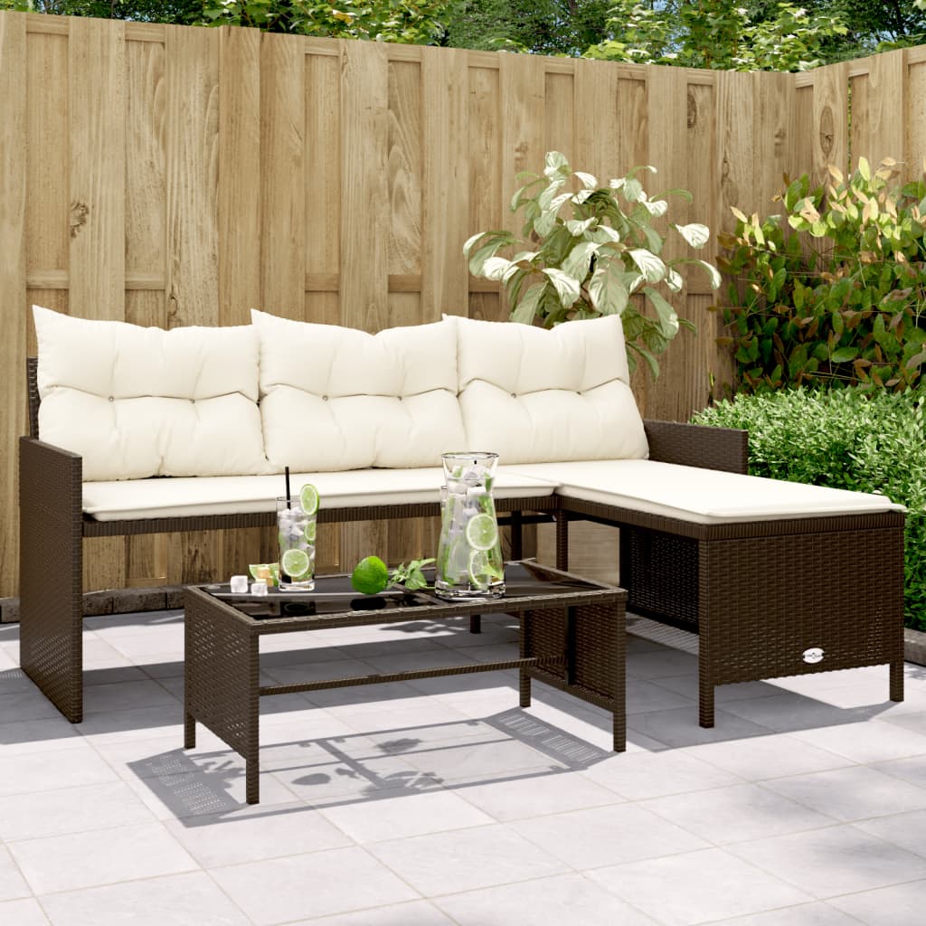 vidaXL Patio Sofa with Table and Cushions L-Shaped Brown Poly Rattan