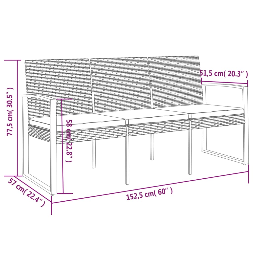 vidaXL 3-Seater Patio Bench with Cushions Dark Gray PP Rattan